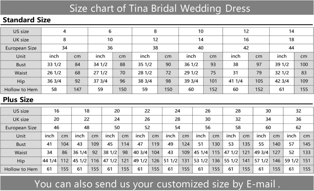 Size Chart - Tina Bridal - Bridal dress maker - wedding gown factory