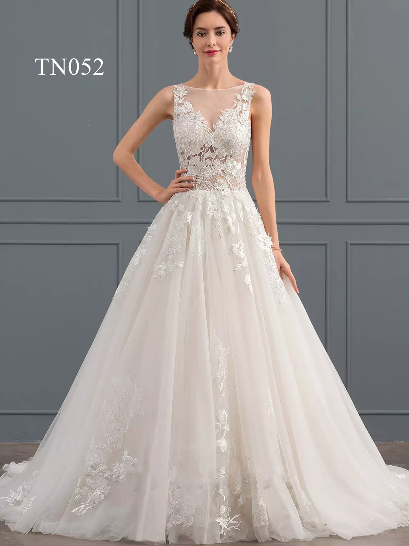 Sheer Illusion Ivory Lace Plunging Neck Tulle Wedding Dress - Princessly
