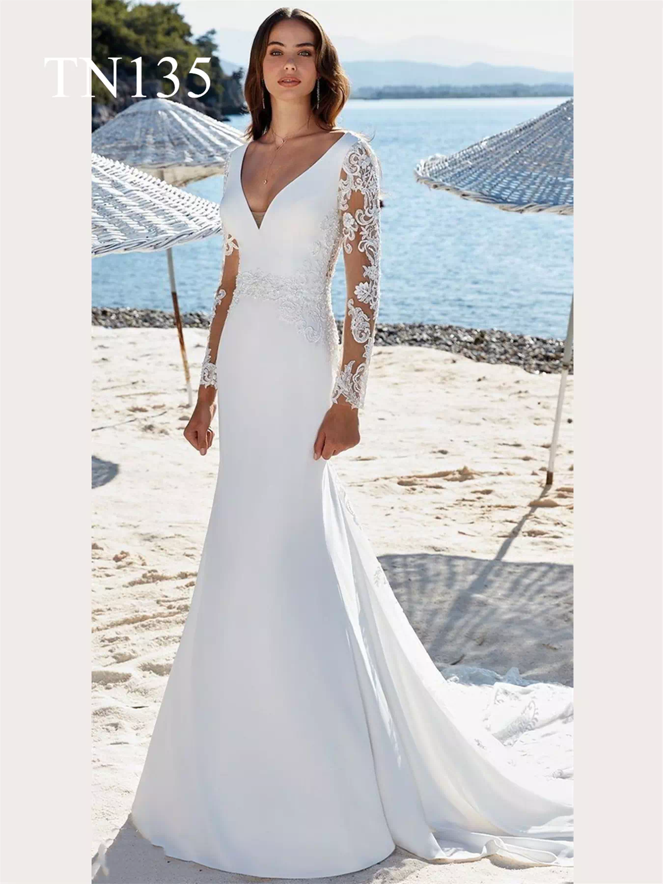 Long Sleeve Lace Top Beach Wedding Dresses V Neck Chiffon Wedding